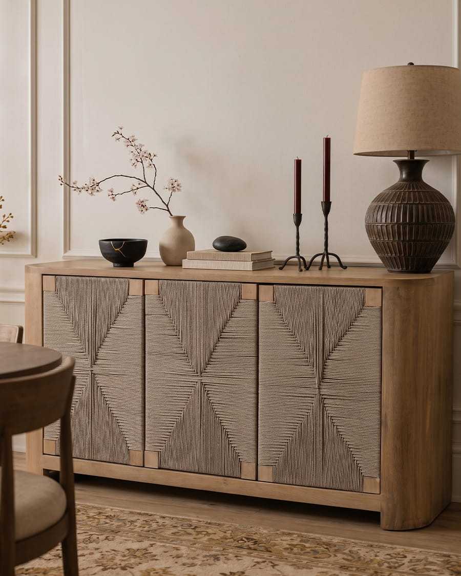 Ona - Buffet 3 portes en bois de manguier et corde tressée, 150 cm