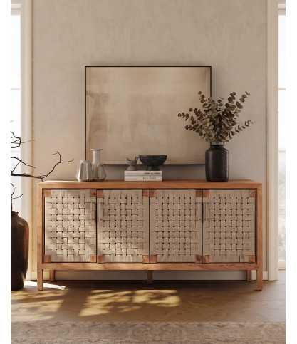 Soma - Credenza a 4 ante in legno massello e corda naturale