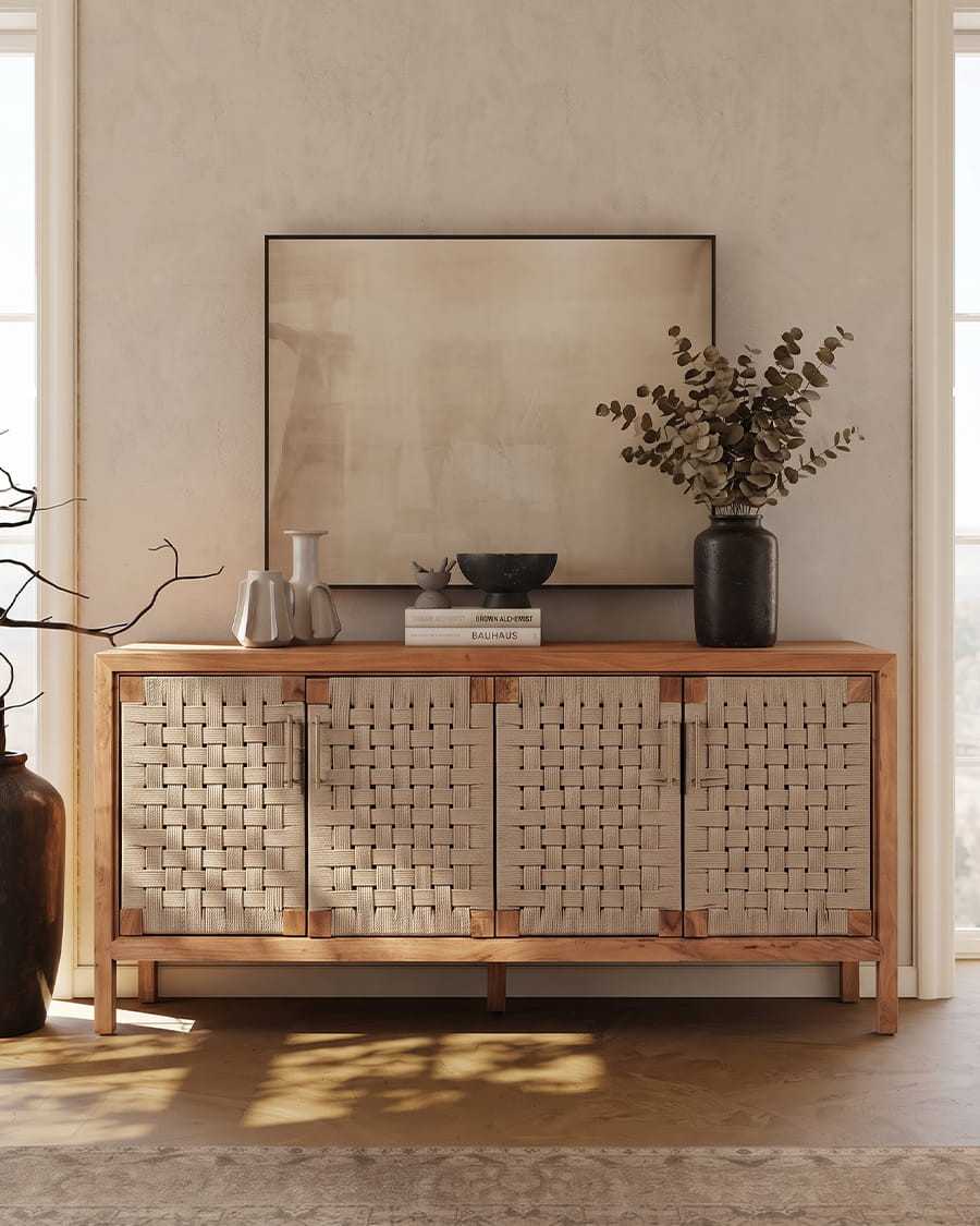 Soma - dressoir met 4 deuren, gemaakt van massief hout en natuurlijk touw.