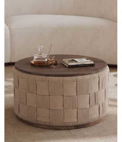 Soma - Round coffee table in solid mango wood and braided rope