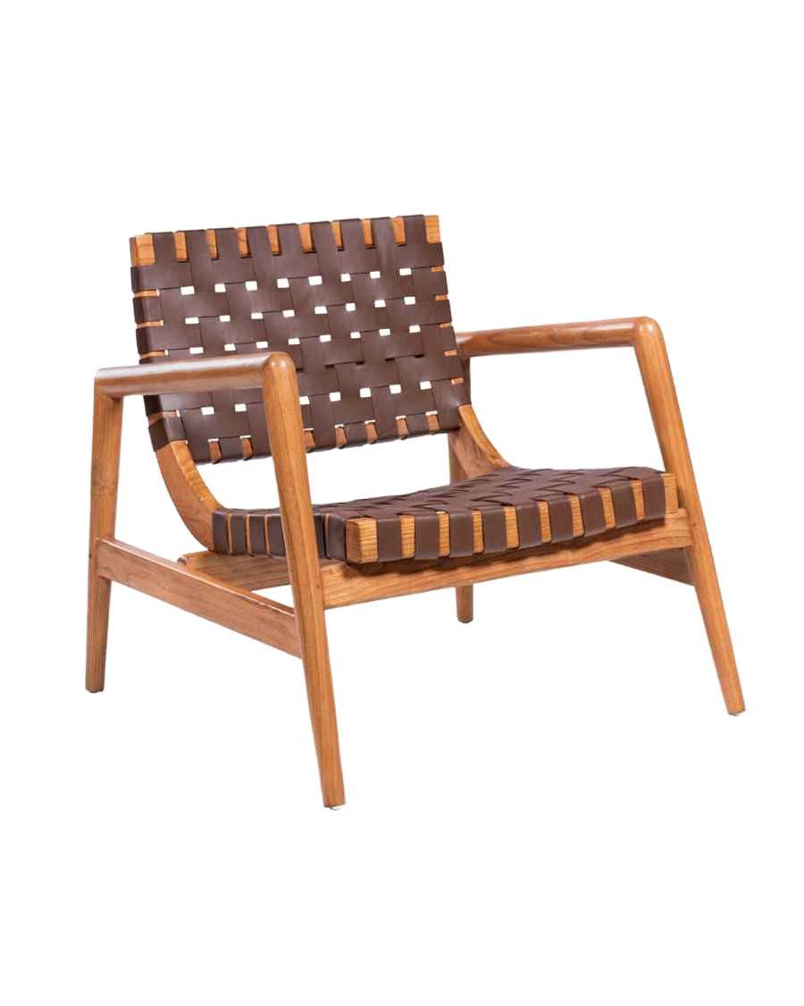Halo - Armchair in solid teak wood and braided leather