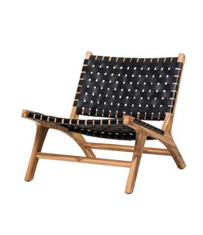 Babass - Fauteuil design en cuir tressé noir et teck massif
