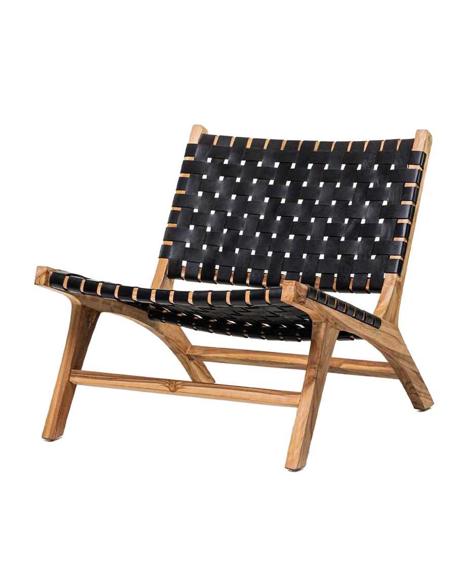 Babass - Sillón de diseño en cuero trenzado negro y teca maciza.