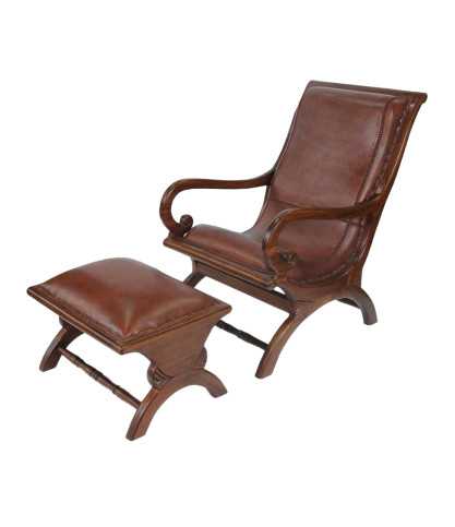 Lazy - Fauteuil colonial avec repose pieds en teck et cuir marron