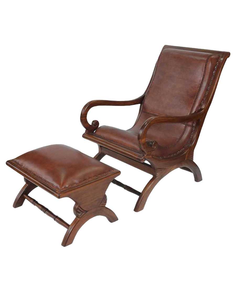 Lazy - Fauteuil colonial avec repose pieds en teck et cuir marron