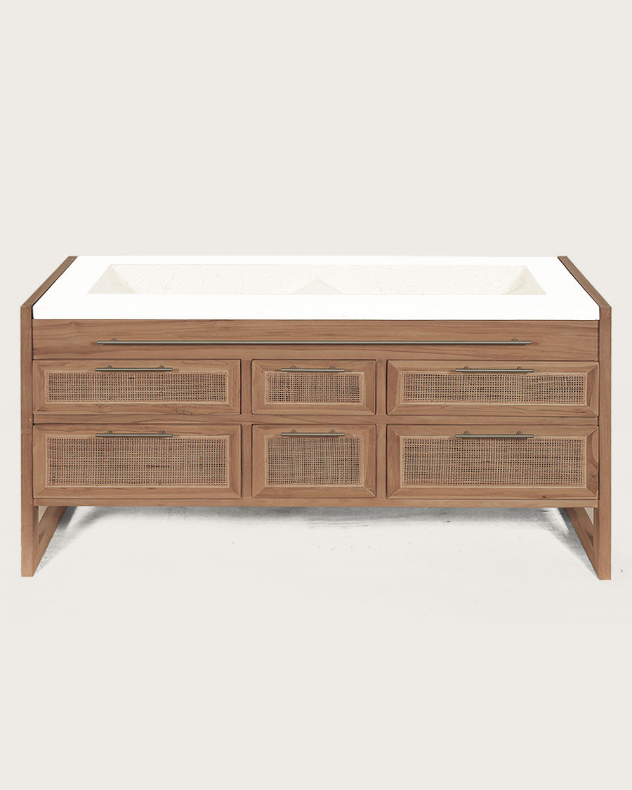 Sahara - Badezimmerschrank aus Teakholz und Terrazzo in Beige, 145 cm