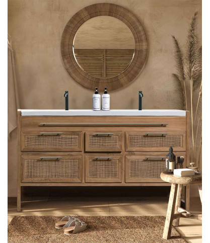 Sahara - Badezimmerschrank aus Teakholz und Terrazzo in Beige, 145 cm