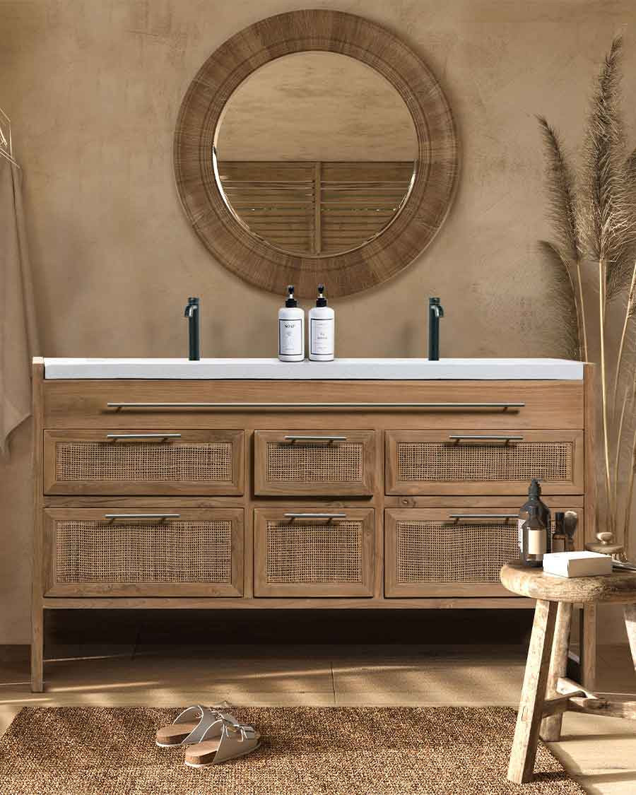 Sahara - Mueble de baño en teca y terrazo beige, 160 cm