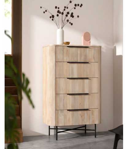 Retro - Cómoda alta con 5 cajones en madera de mango natural y metal negro.