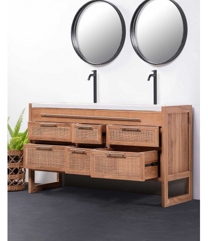 Sahara - Badezimmerschrank aus Teakholz und Terrazzo in Beige, 145 cm