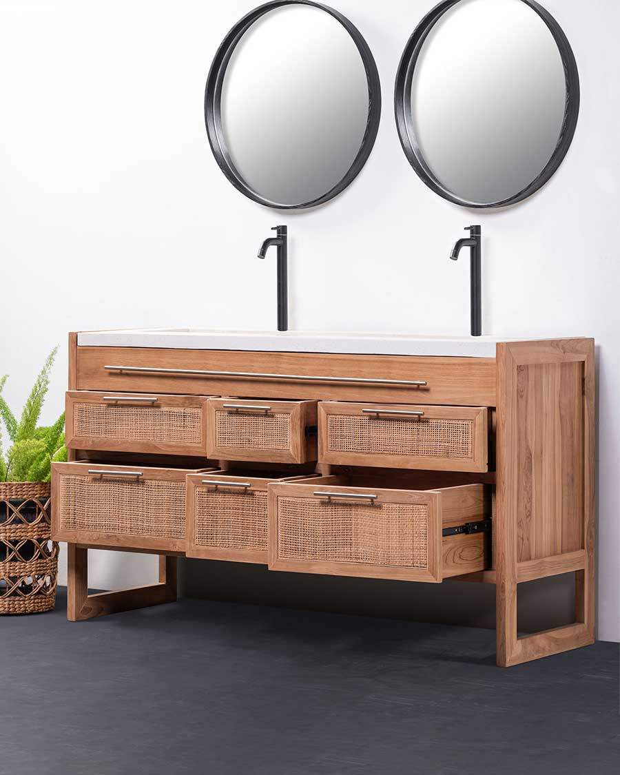 Sahara - Badezimmerschrank aus Teakholz und Terrazzo in Beige, 145 cm