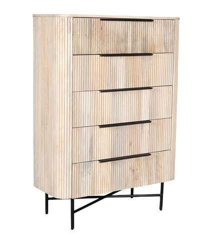 Retro - Cómoda alta con 5 cajones en madera de mango natural y metal negro.
