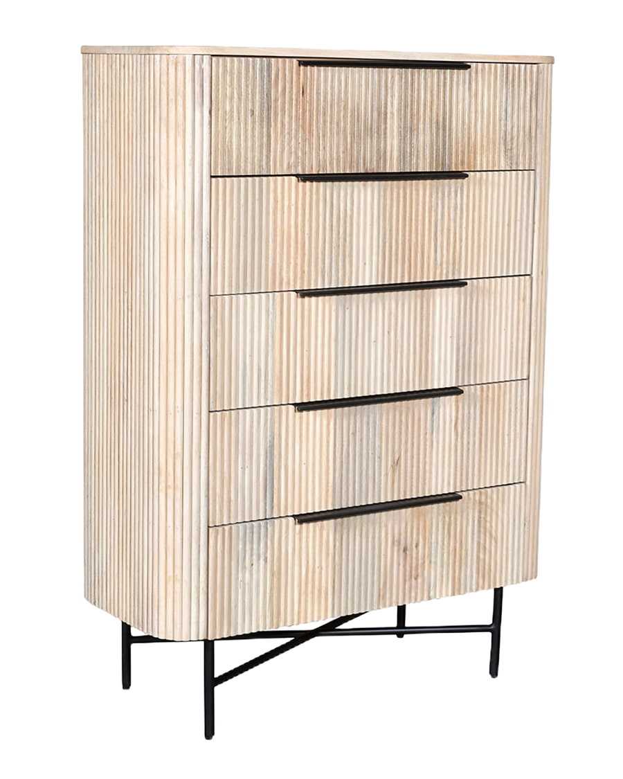 Retro - Cómoda alta con 5 cajones en madera de mango natural y metal negro.