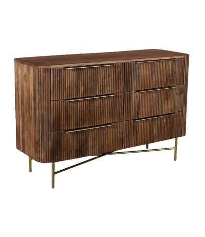 Tana Bois - Commode 6 tiroirs en bois de manguier finition noyer et métal doré