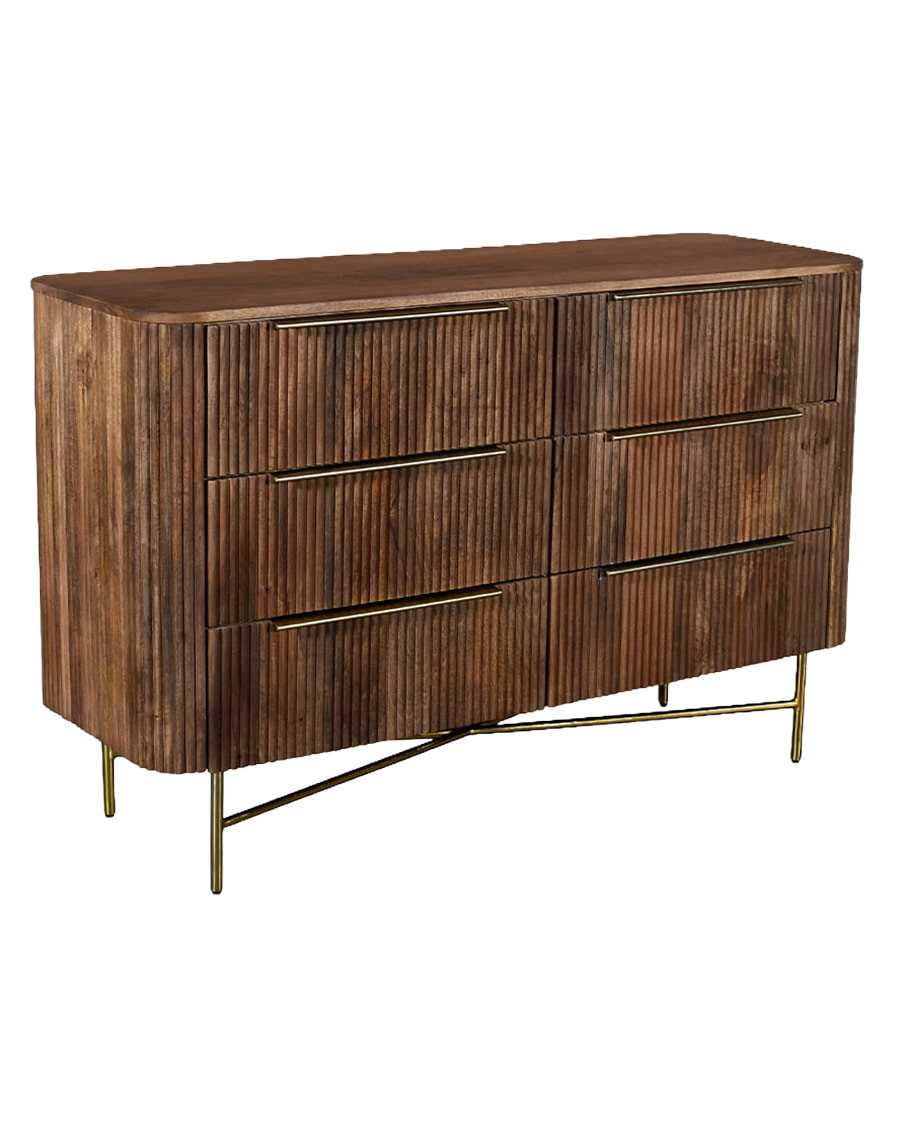 Tana Bois - Commode 6 tiroirs en bois de manguier finition noyer et métal doré