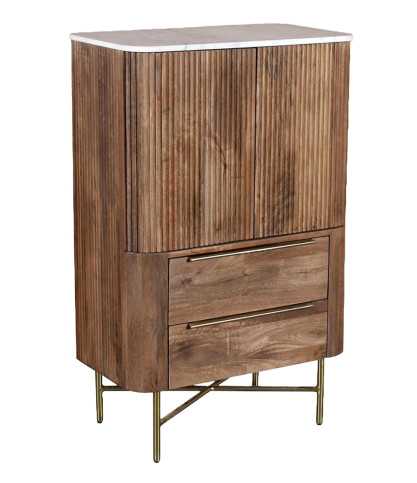 Tana - Hoge commode van massief mangohout en wit marmer, met 2 deuren en 2 laden.