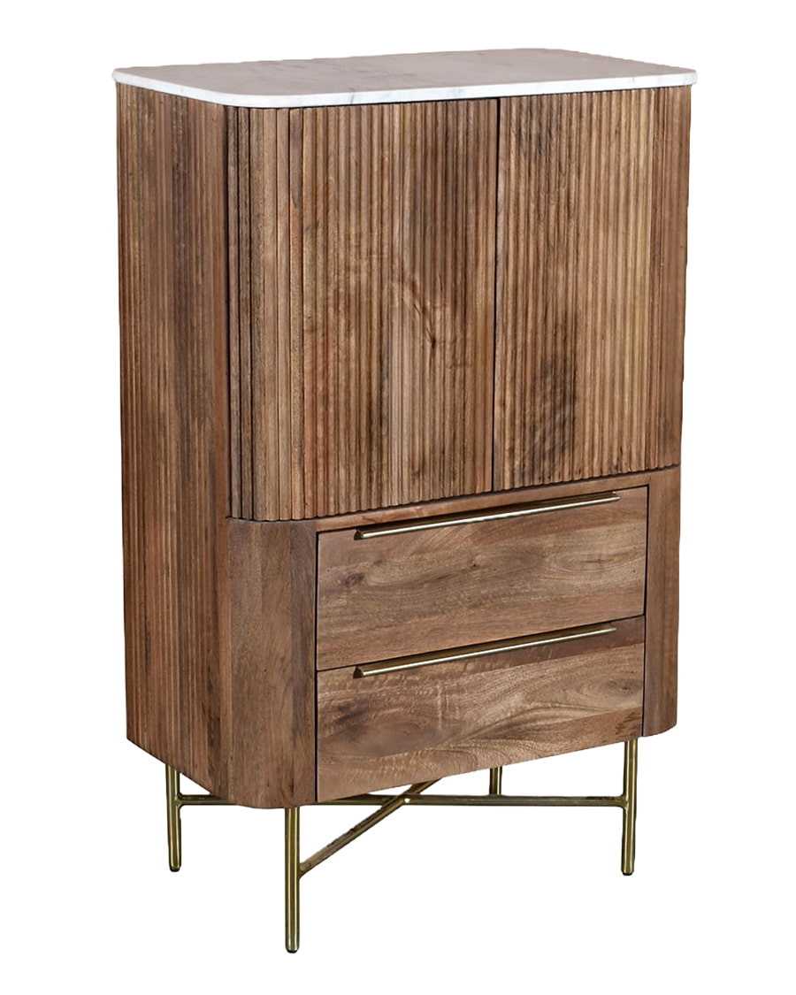 Tana - Hoge commode van massief mangohout en wit marmer, met 2 deuren en 2 laden.
