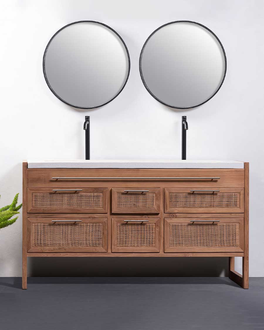 Sahara - Badezimmerschrank aus Teakholz und Terrazzo in Beige, 145 cm