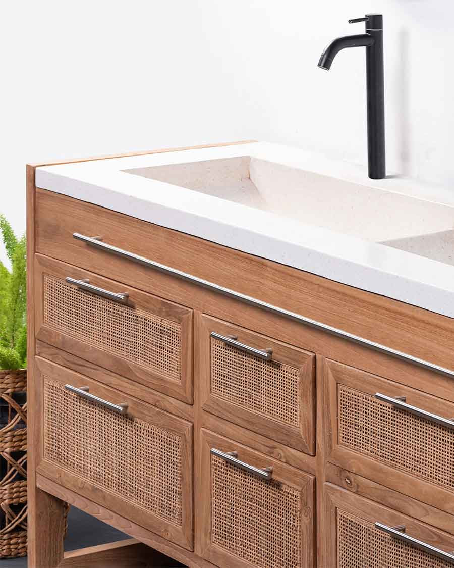 Sahara - Badezimmerschrank aus Teakholz und Terrazzo in Beige, 145 cm