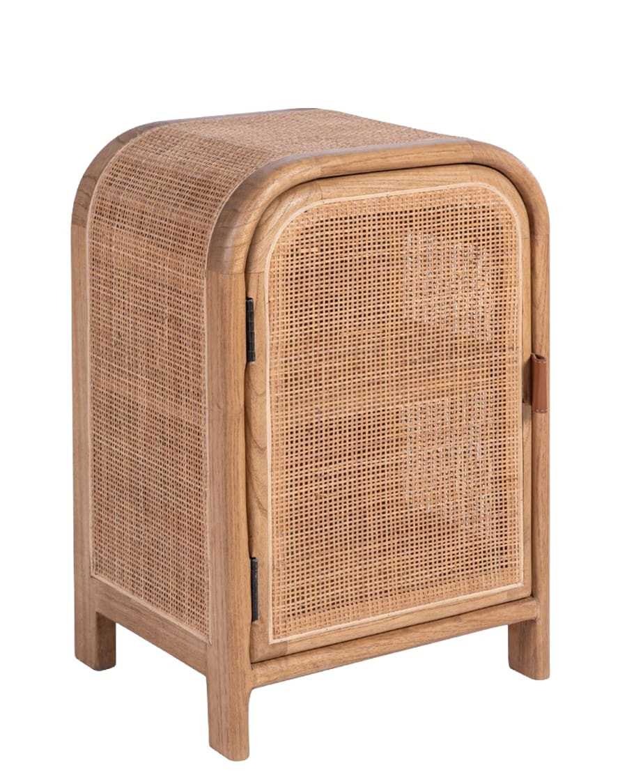 Tiraya - Table de nuit bois avec porte en rotin naturel