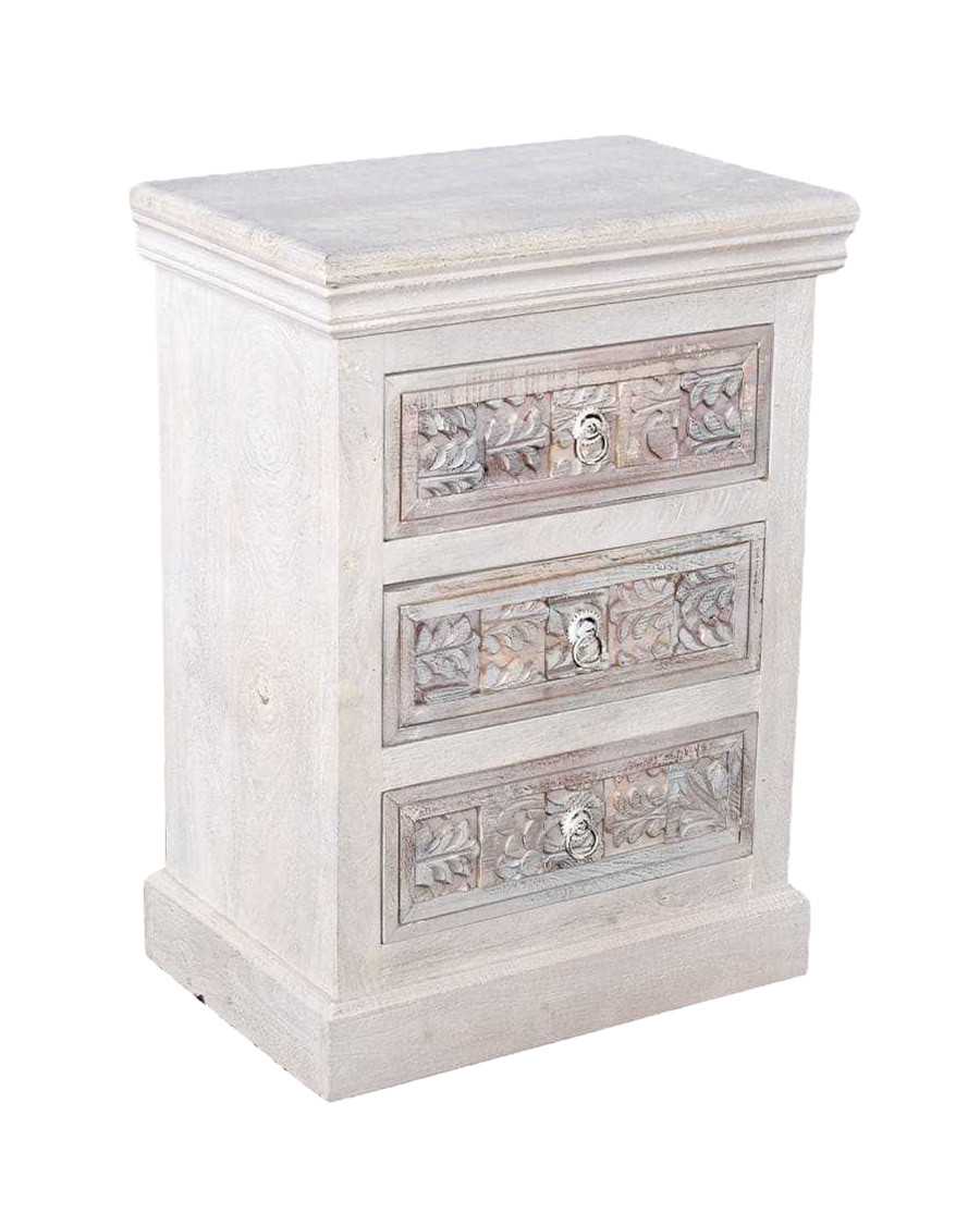 Viva - 3 drawer bedside table in solid carved mango wood