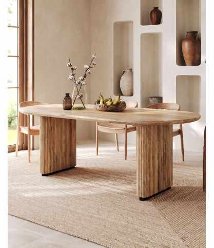 Mina - Oval dining table in natural mango wood and black metal