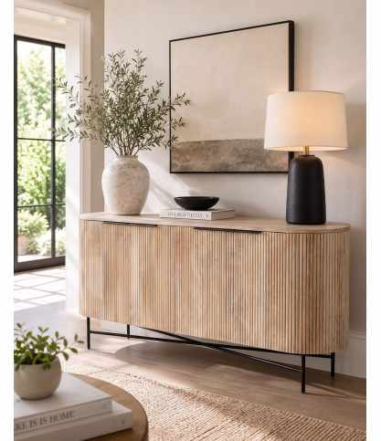 Retro - dressoir met 4 deuren in natuurlijk mangohout en zwart metaal