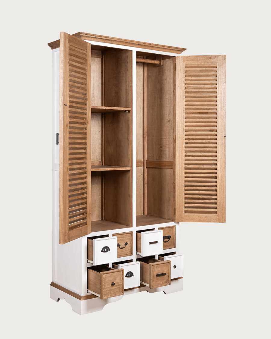 Inda - Großer zweifarbiger Kleiderschrank in Weiß und massivem, naturbelassenem Mindi Holz