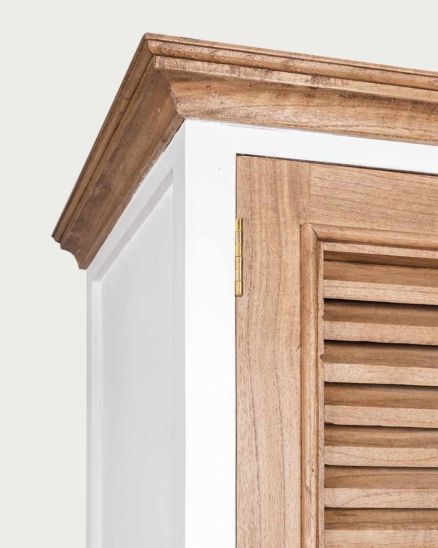 Inda - Großer zweifarbiger Kleiderschrank in Weiß und massivem, naturbelassenem Mindi Holz