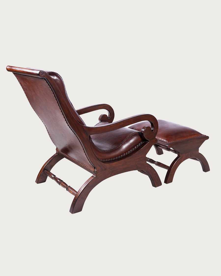 Lazy - Colonial armchair with footrest in teak and brown leather