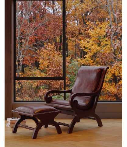 Lazy - Colonial armchair with footrest in teak and brown leather