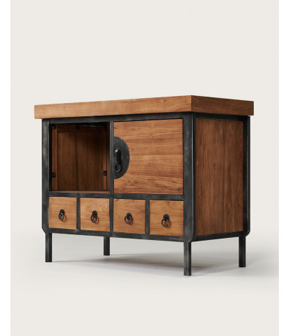 Samurai - Mueble de baño pequeño de estilo industrial en teca y metal, 80 cm