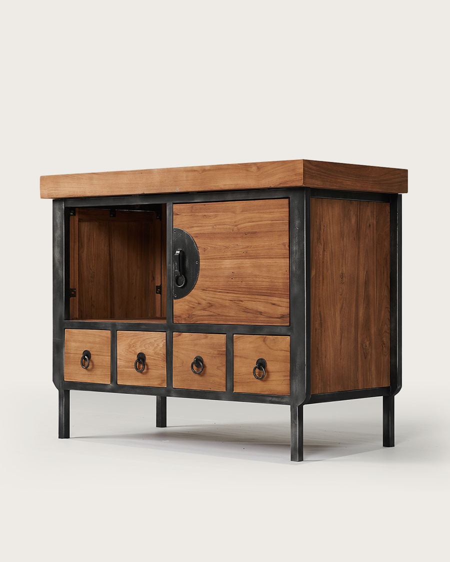 Samurai - Mobiletto da bagno piccolo in stile industriale, in teak e metallo, 80 cm