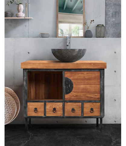 Samurai - Kleiner Badezimmerschrank im Industriestil aus Teakholz und Metall, 80 cm