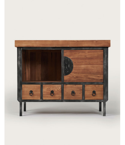 Samurai - Mueble de baño pequeño de estilo industrial en teca y metal, 80 cm