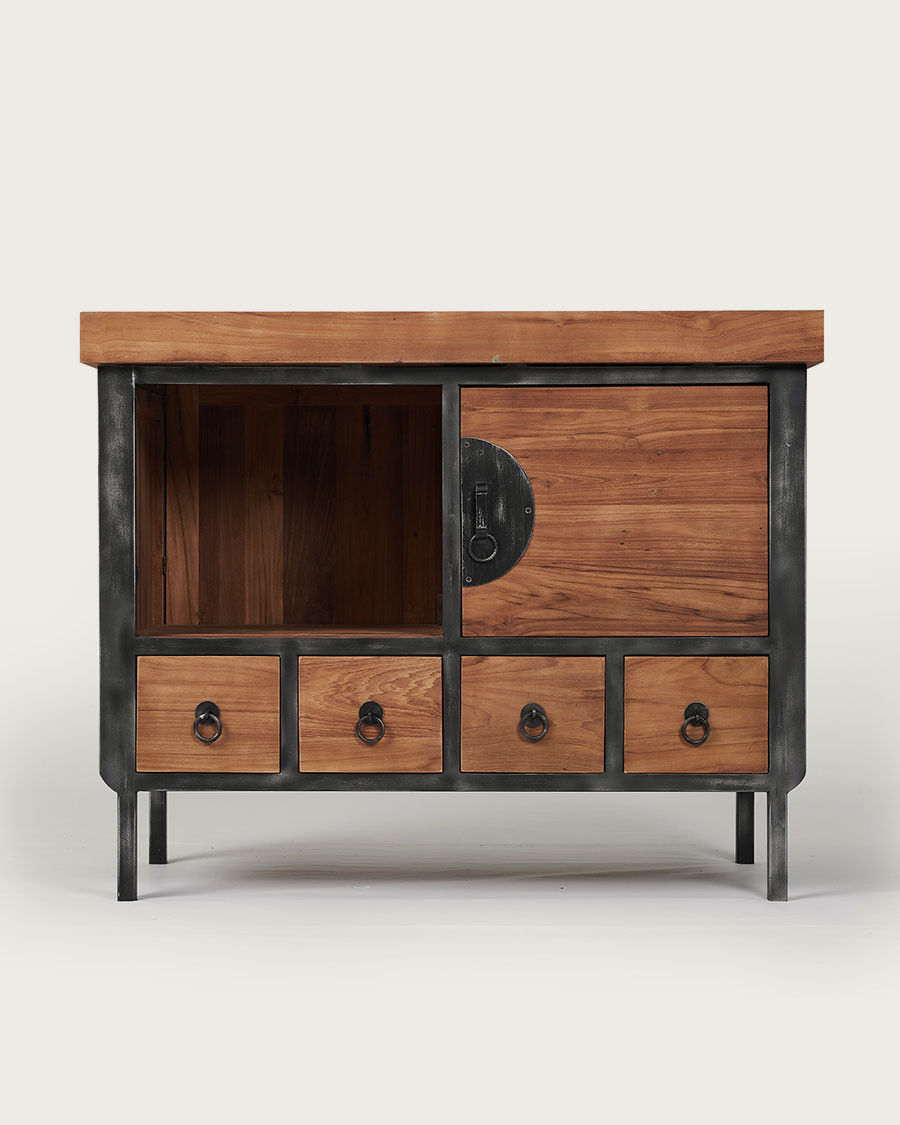 Samurai - Mueble de baño pequeño de estilo industrial en teca y metal, 80 cm