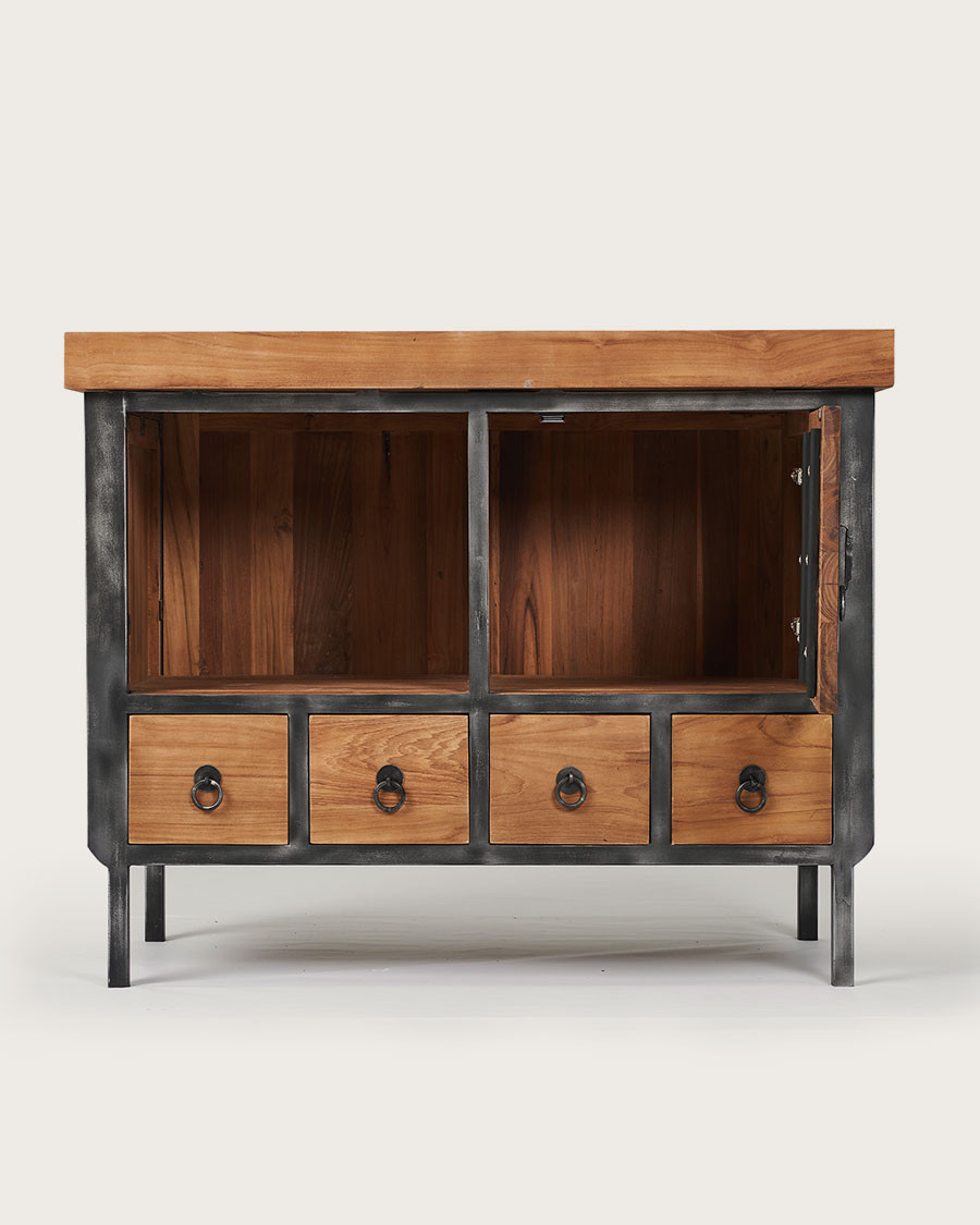 Samurai - Mueble de baño pequeño de estilo industrial en teca y metal, 80 cm