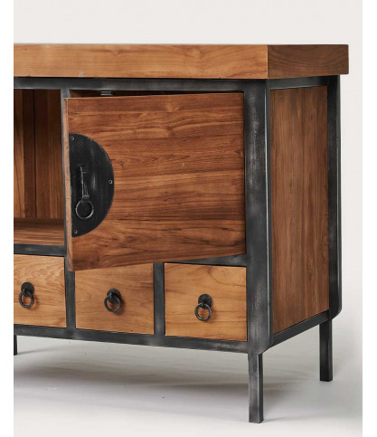 Samurai - Kleiner Badezimmerschrank im Industriestil aus Teakholz und Metall, 80 cm
