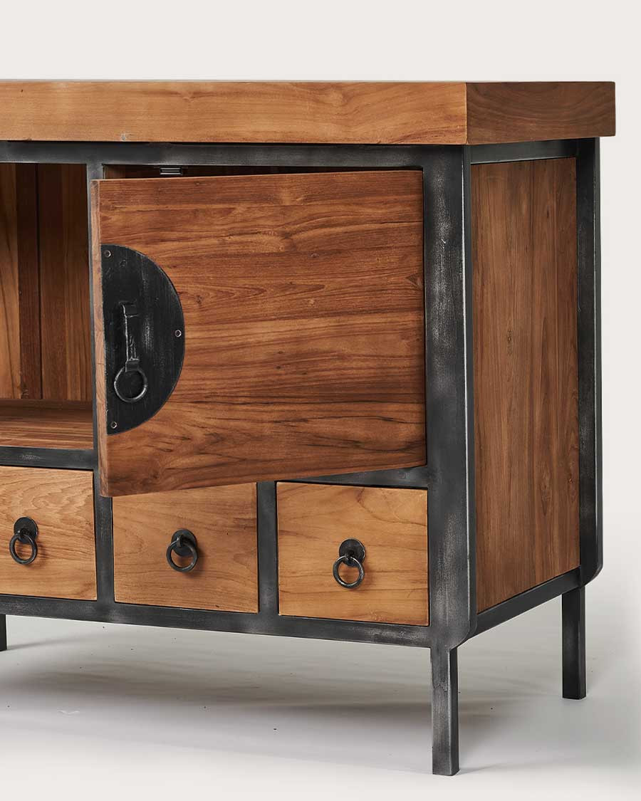 Samurai - Kleiner Badezimmerschrank im Industriestil aus Teakholz und Metall, 80 cm