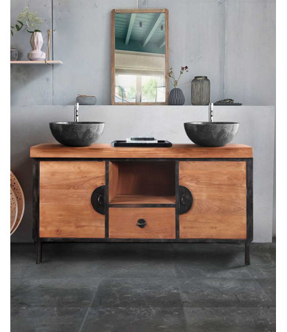 Samurai - Industrial bathroom furniture in teak and metal 160 cm