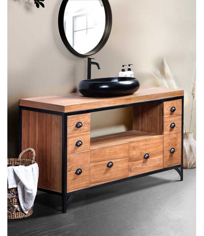 Jazz - Meuble salle de bain industriel en teck et métal 145 cm