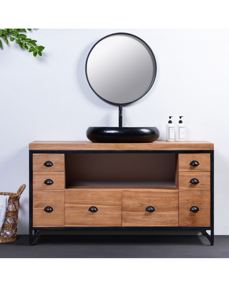 Jazz - Industrial bathroom furniture in teak and metal 145 cm