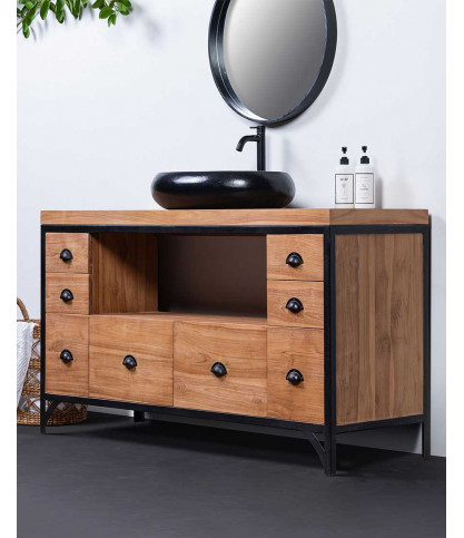 Jazz - Mueble de baño industrial en teca y metal 145 cm