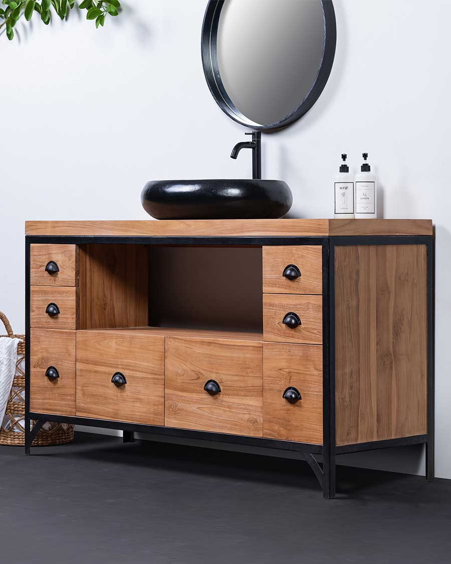 Jazz - Mueble de baño industrial en teca y metal 145 cm
