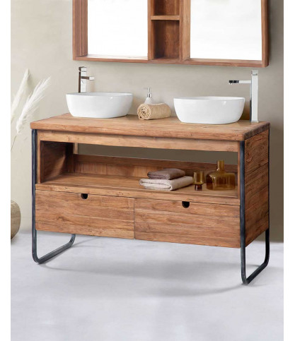 Azur - Industrial bathroom vanity unit in teak and metal, 120 cm