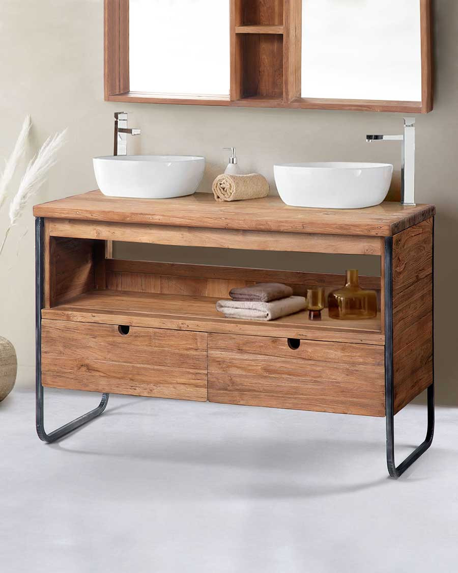 Azur - Meuble salle de bain industriel en teck et métal 120 cm
