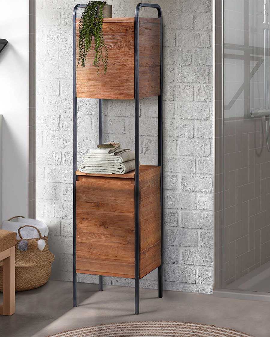 Azur - Colonne de salle de bain industrielle en teck et métal