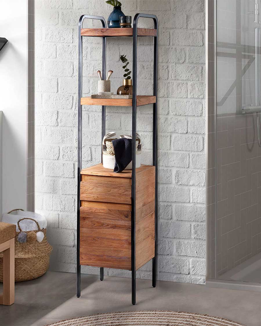 Azur - Teak and metal bathroom shelving unit, industrial style