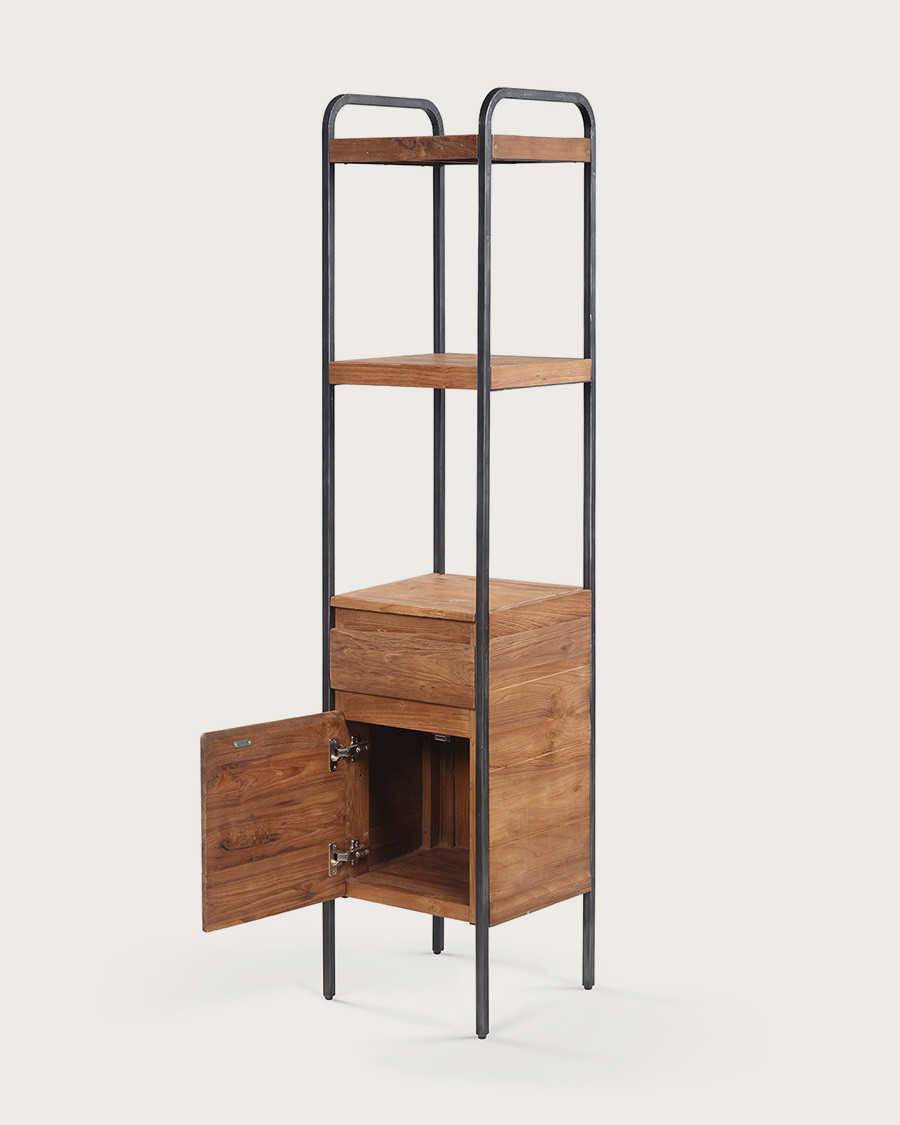 Azur - Colonne étagère de salle de bain en teck et métal, style industriel
