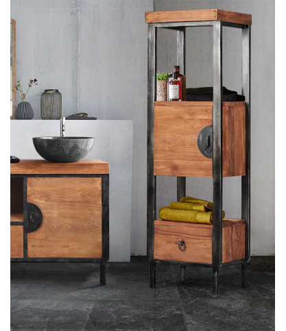 Samurai - Colonna da bagno in stile industriale in teak e metallo